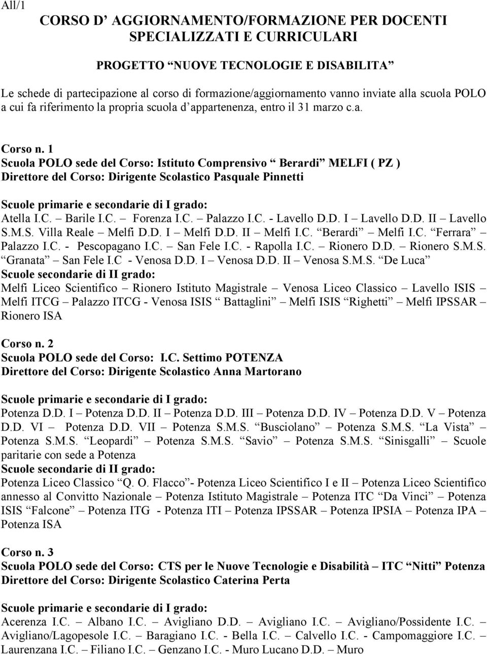 1 Scuola POLO sede del Corso: Istituto Comprensivo Berardi MELFI ( PZ ) Direttore del Corso: Dirigente Scolastico Pasquale Pinnetti Atella I.C. Barile I.C. Forenza I.C. Palazzo I.C. - Lavello D.D. I Lavello D.