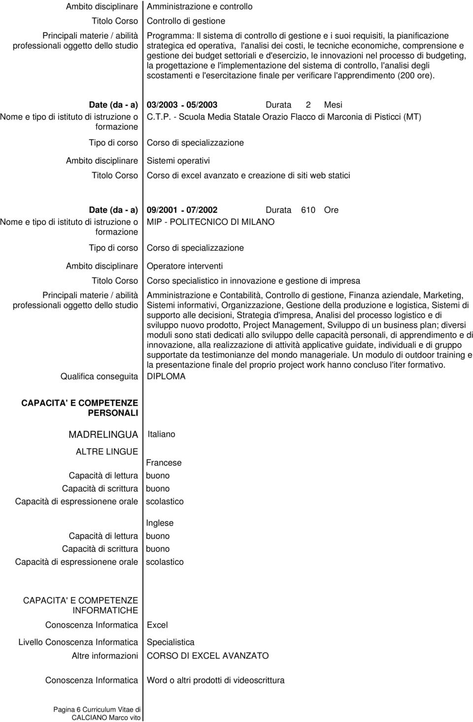 scostamenti e l'esercitazione finale per verificare l'apprendimento (200 ore). 03/2003-05/2003 Durata 2 Mesi C.T.P.