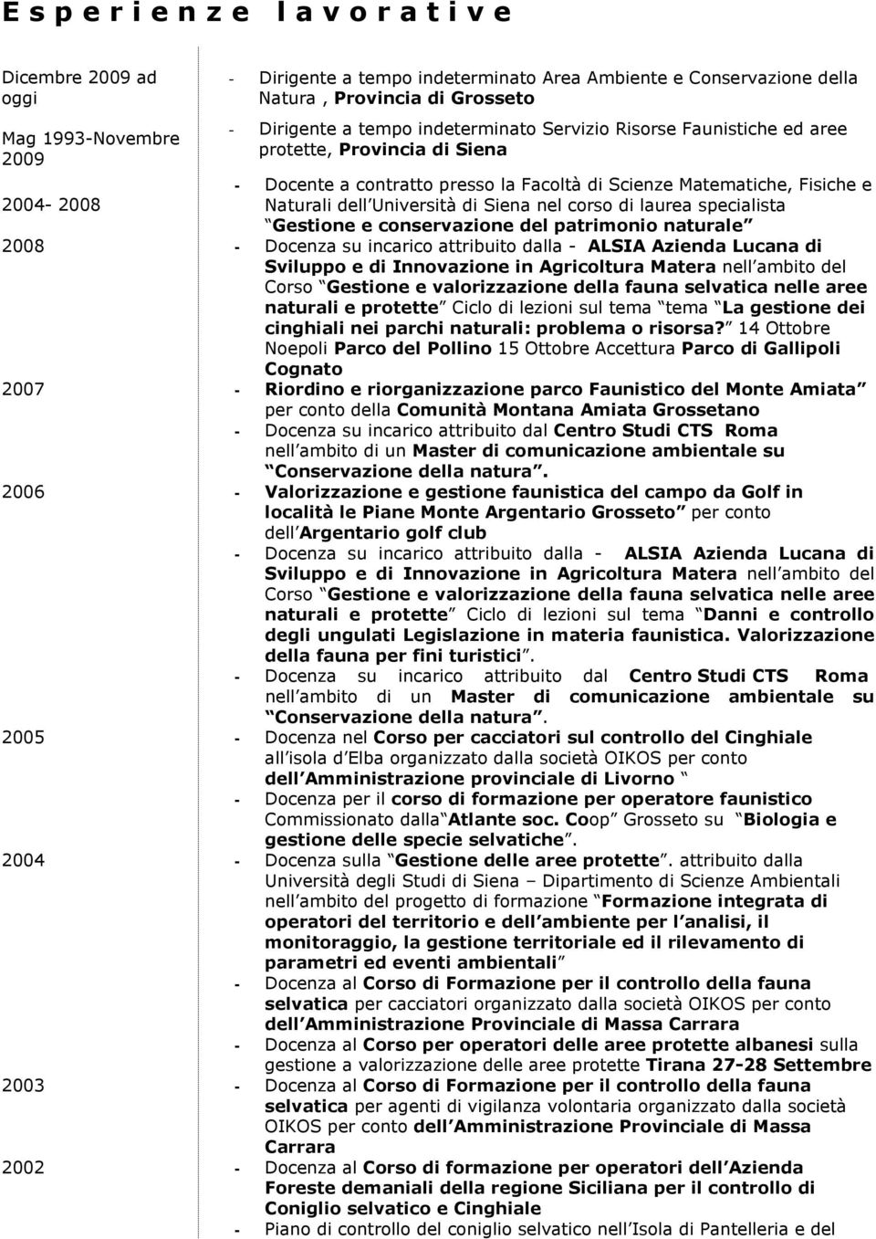 Siena nel corso di laurea specialista Gestione e conservazione del patrimonio naturale 2008 - Docenza su incarico attribuito dalla - ALSIA Azienda Lucana di Sviluppo e di Innovazione in Agricoltura