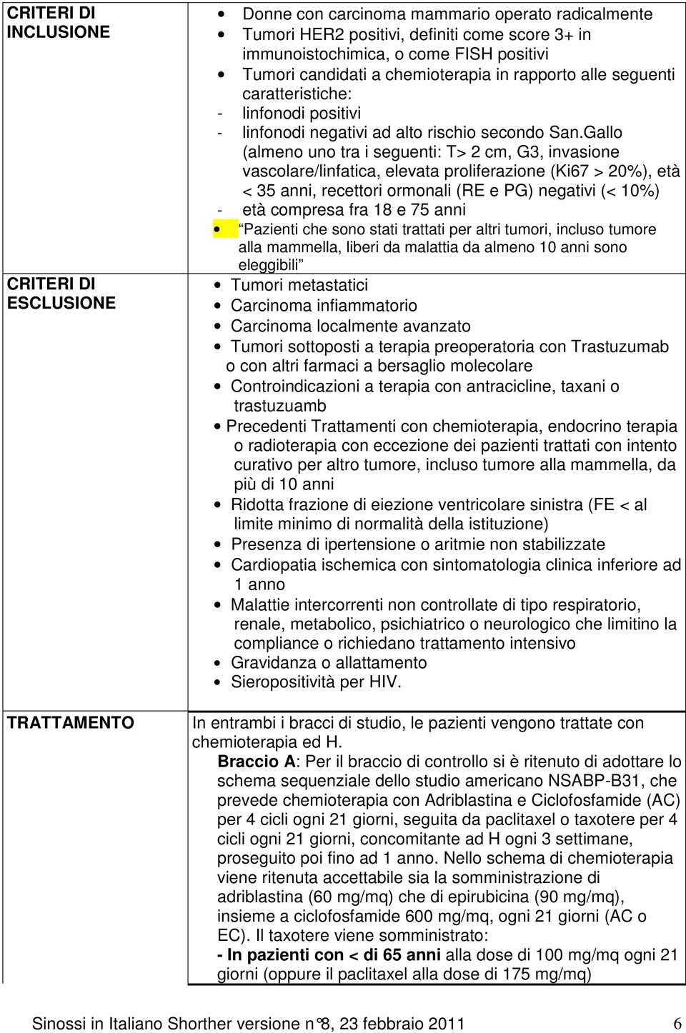 Gallo (almeno uno tra i seguenti: T> 2 cm, G3, invasione vascolare/linfatica, elevata proliferazione (Ki67 > 20%), età < 35 anni, recettori ormonali (RE e PG) negativi (< 10%) - età compresa fra 18 e