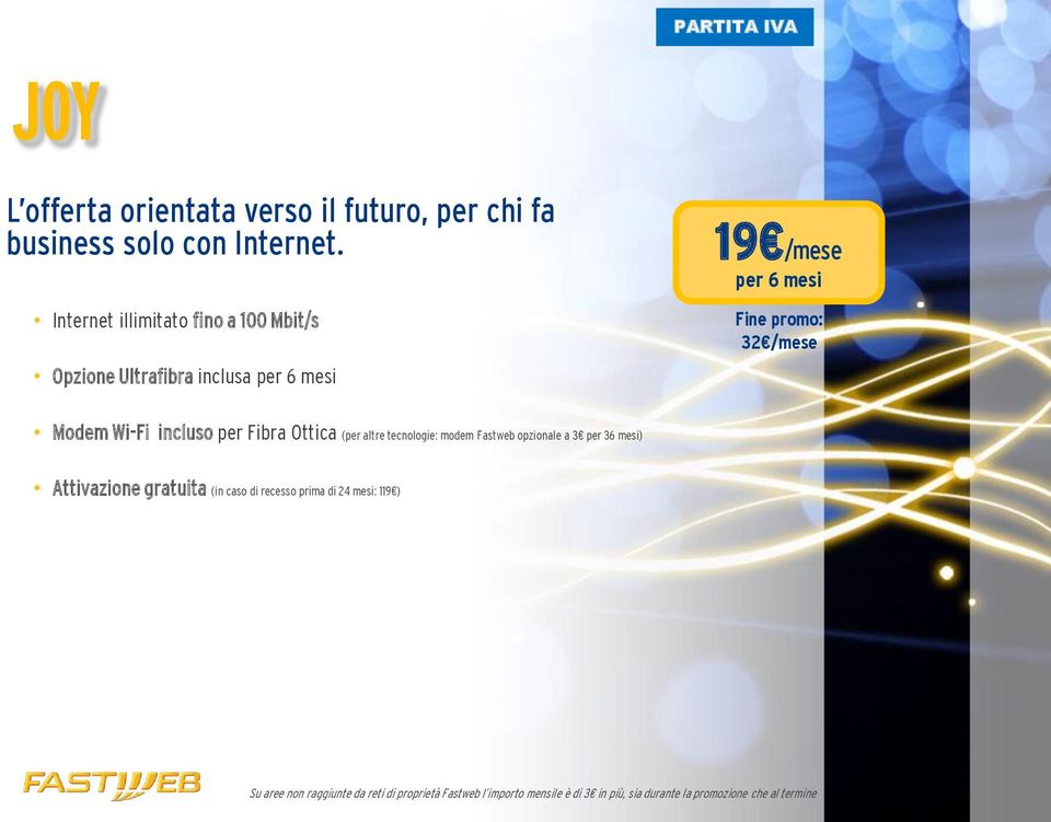 Wi-Fi incluso per Fibra Ottica (per altre tecnologie: modem Fastweb opzionale a 3 per 36 mesi) Attivazione gratuita (in caso