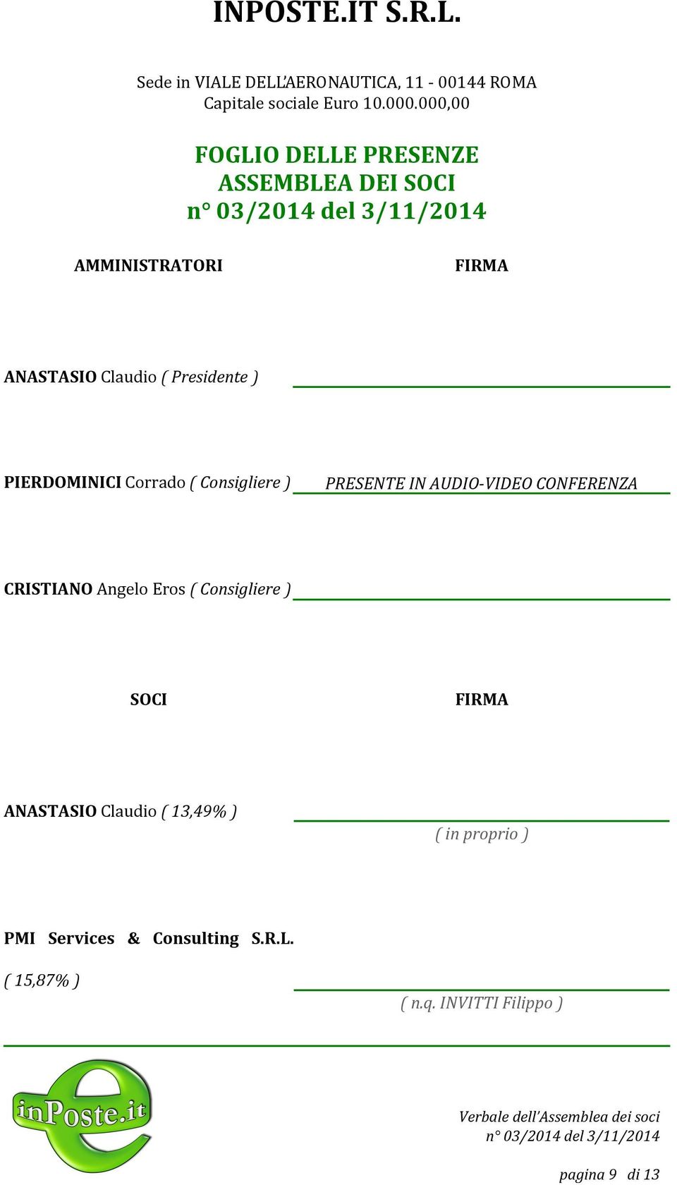 Presidente ) PIERDOMINICI Corrado ( Consigliere ) CRISTIANO Angelo Eros ( Consigliere ) SOCI FIRMA
