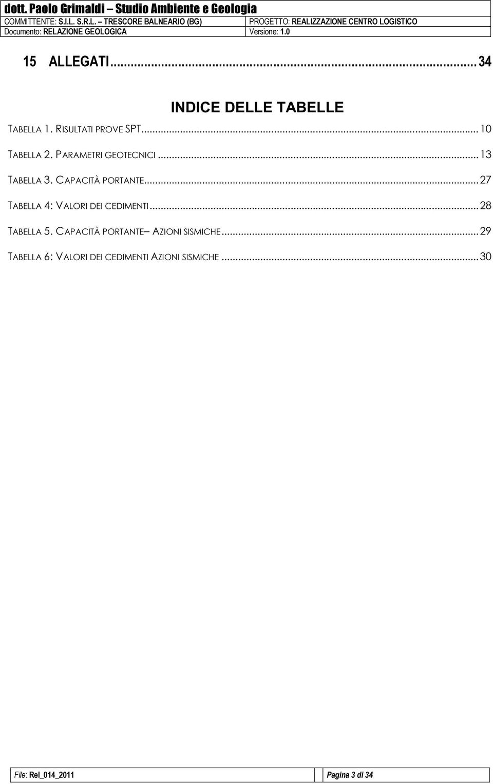 .. 27 TABELLA 4: VALORI DEI CEDIMENTI... 28 TABELLA 5.