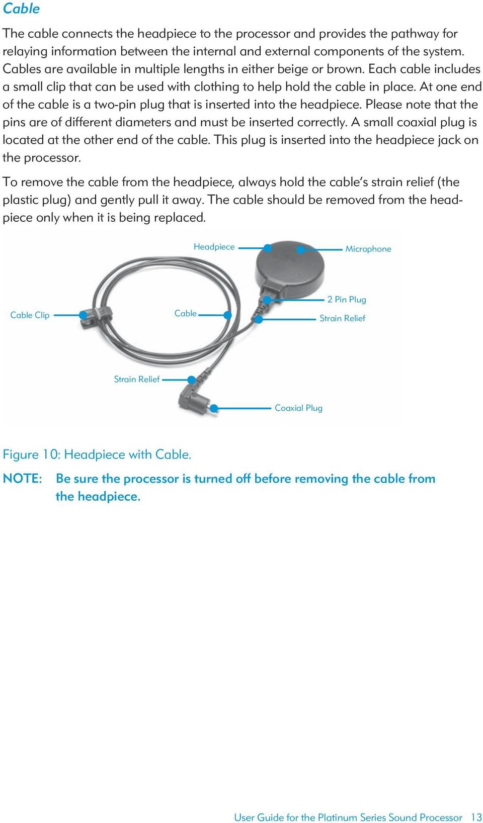 At one end of the cable is a two-pin plug that is inserted into the headpiece. Please note that the pins are of different diameters and must be inserted correctly.