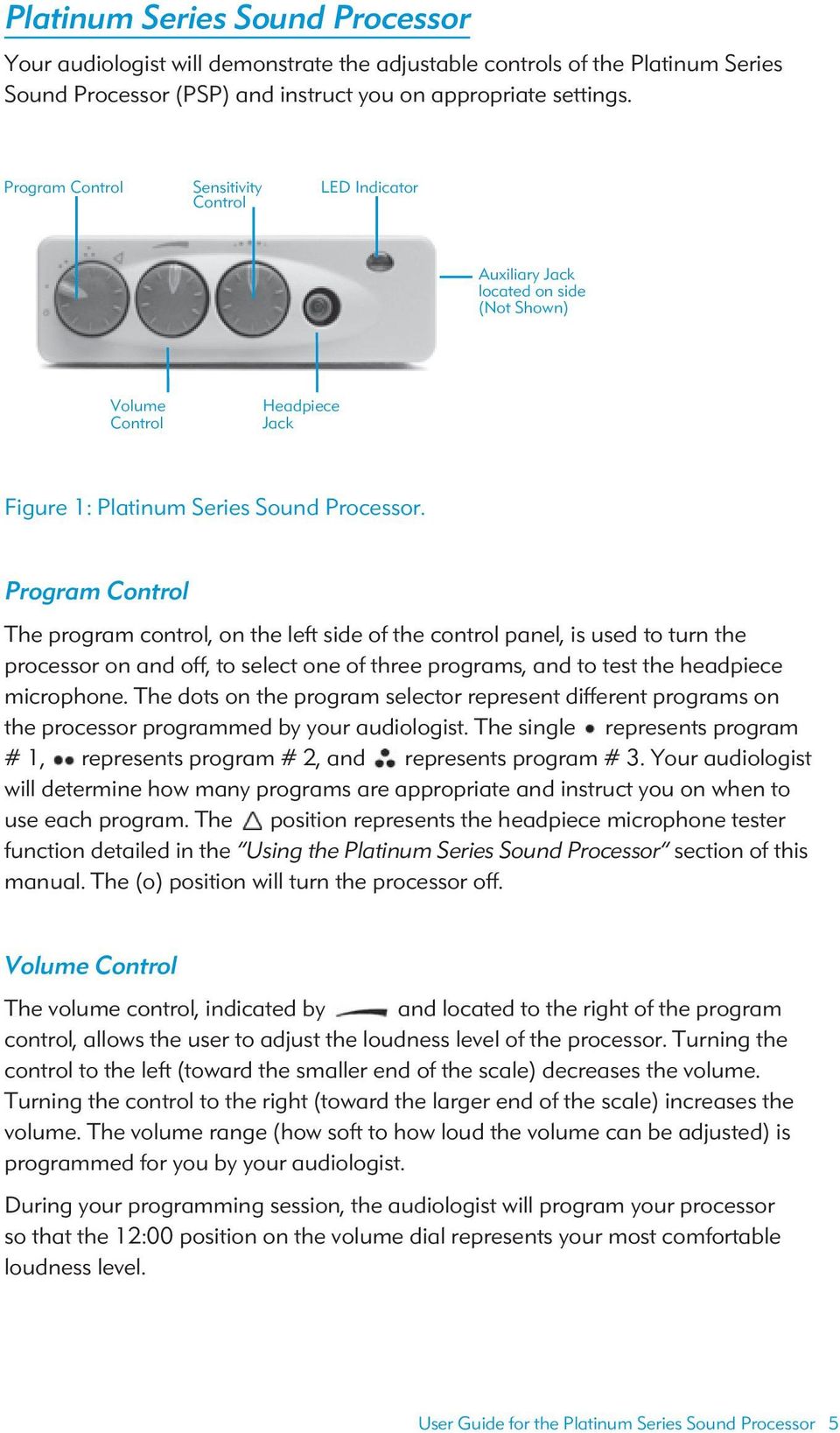 Program Control The program control, on the left side of the control panel, is used to turn the processor on and off, to select one of three programs, and to test the headpiece microphone.