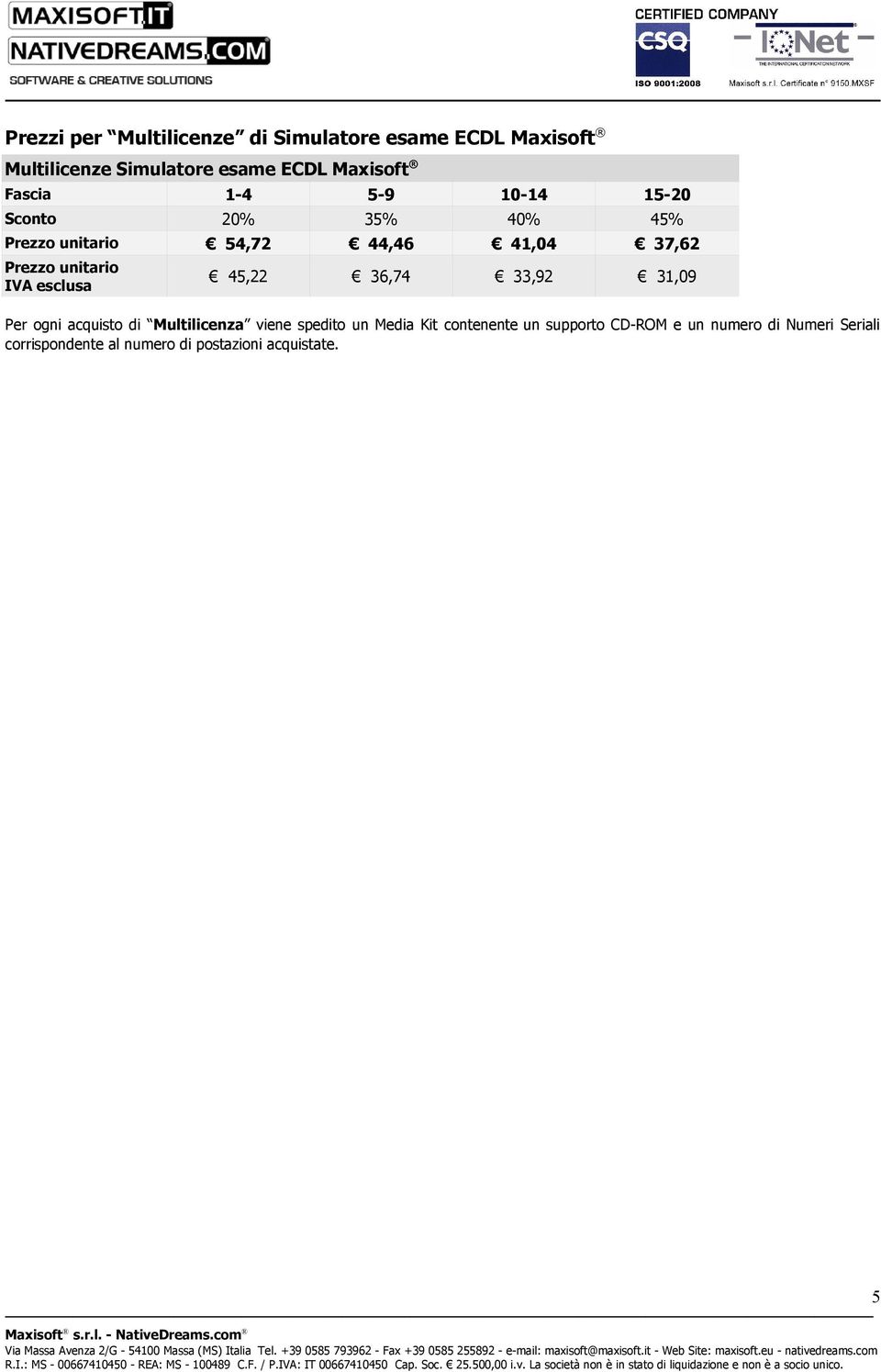 unitario 45,22 36,74 33,92 31,09 Per ogni acquisto di Multilicenza viene spedito un Media Kit