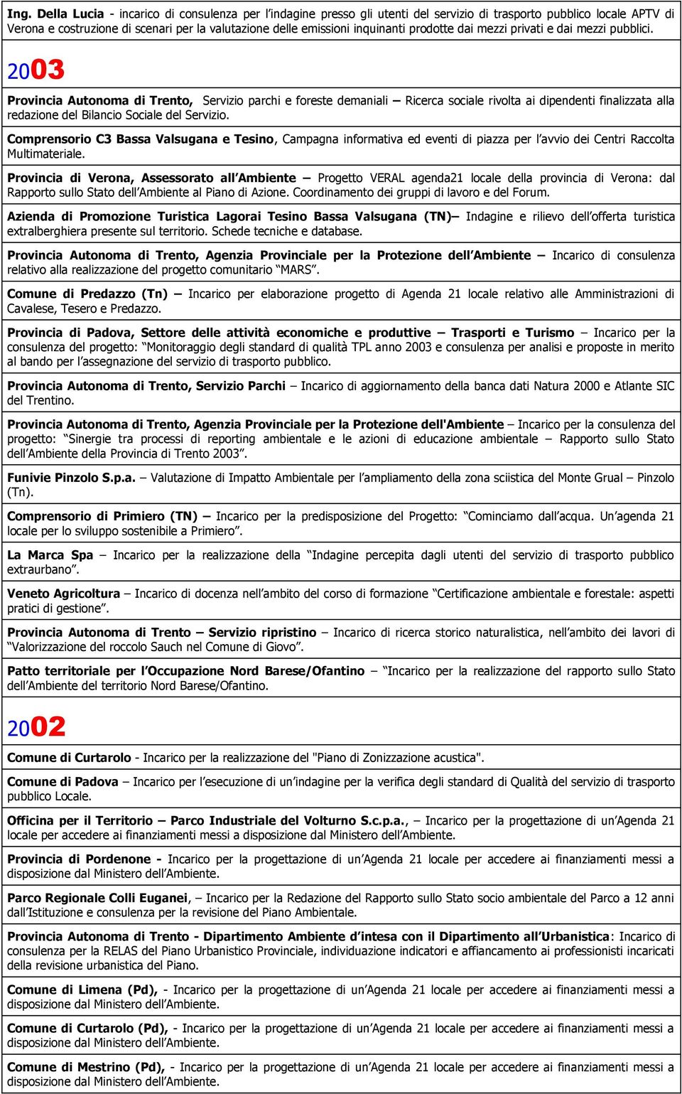 2003 Provincia Autonoma di Trento, Servizio parchi e foreste demaniali Ricerca sociale rivolta ai dipendenti finalizzata alla redazione del Bilancio Sociale del Servizio.