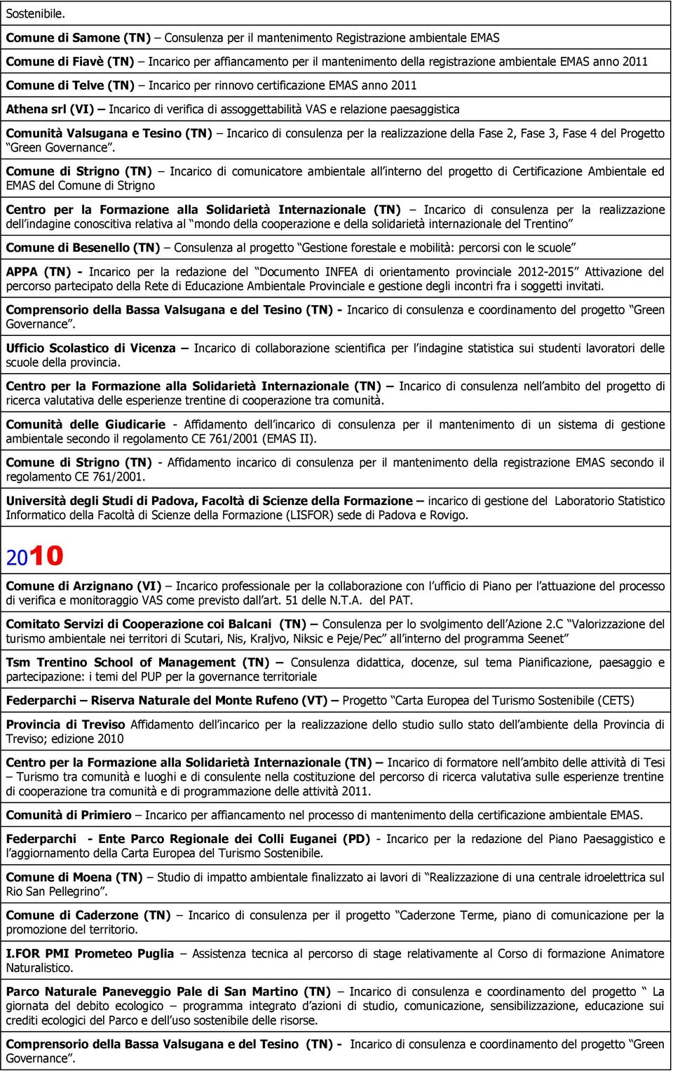 Comune di Telve (TN) Incarico per rinnovo certificazione EMAS anno 2011 Athena srl (VI) Incarico di verifica di assoggettabilità VAS e relazione paesaggistica Comunità Valsugana e Tesino (TN)