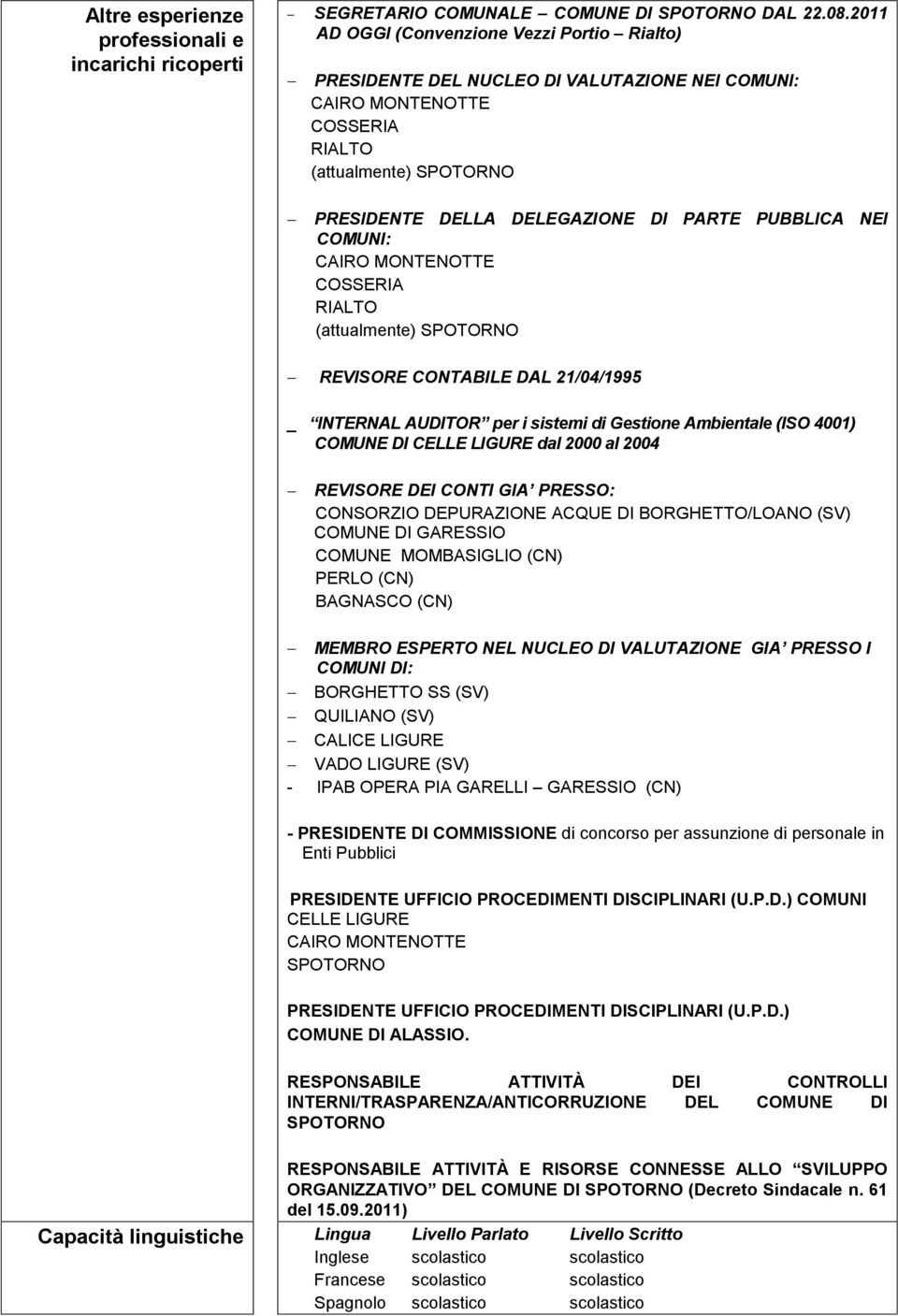 NEI COMUNI: CAIRO MONTENOTTE COSSERIA RIALTO (attualmente) SPOTORNO REVISORE CONTABILE DAL 21/04/1995 _ INTERNAL AUDITOR per i sistemi di Gestione Ambientale (ISO 4001) COMUNE DI CELLE LIGURE dal