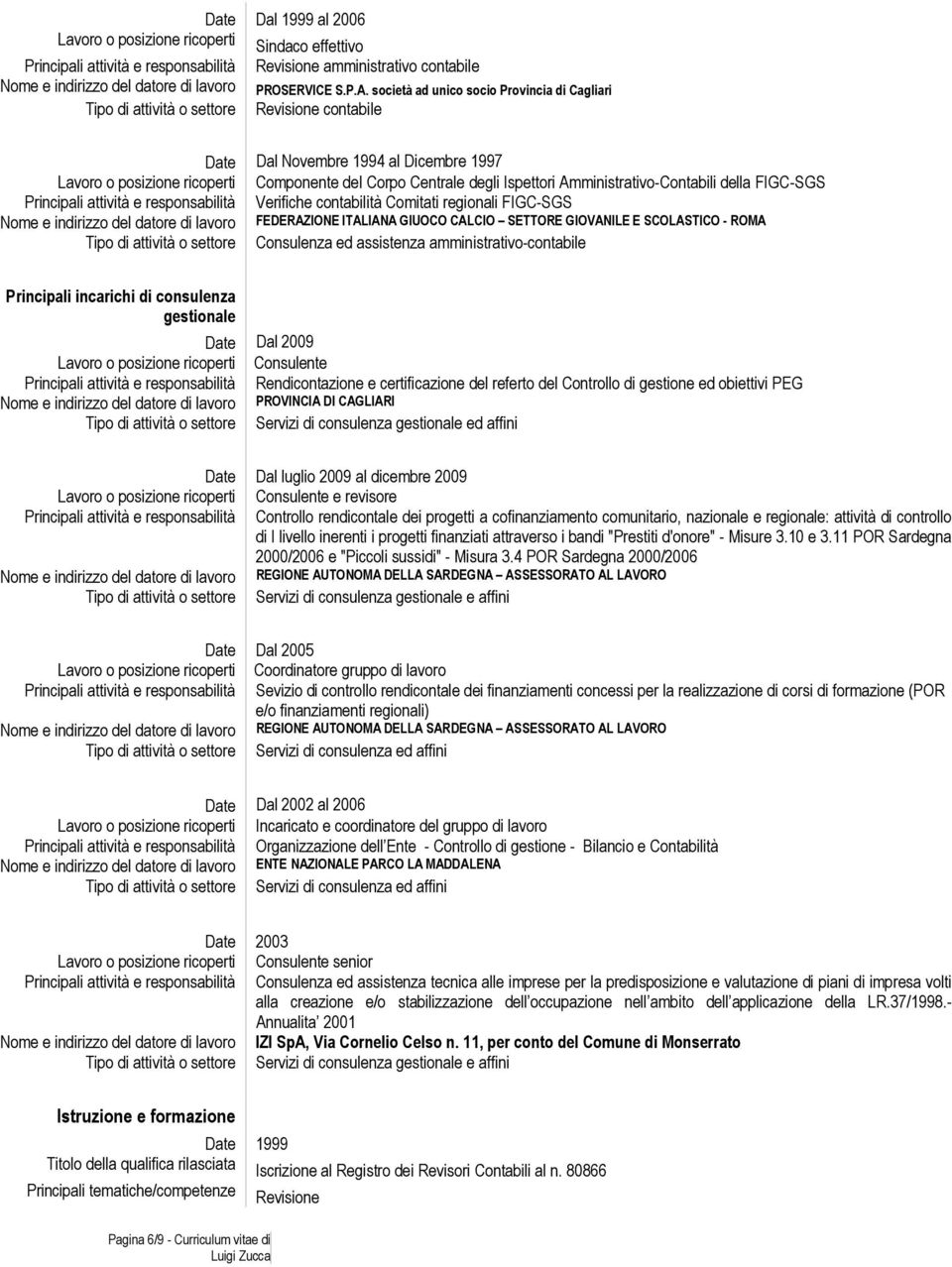 Verifiche contabilità Comitati regionali FIGC-SGS Nome e indirizzo del datore di lavoro FEDERAZIONE ITALIANA GIUOCO CALCIO SETTORE GIOVANILE E SCOLASTICO - ROMA Consulenza ed assistenza