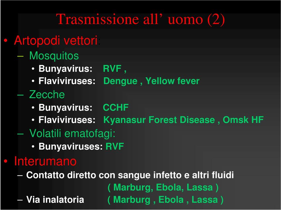 Omsk HF Volatili ematofagi: Bunyaviruses: RVF Interumano Contatto diretto con sangue