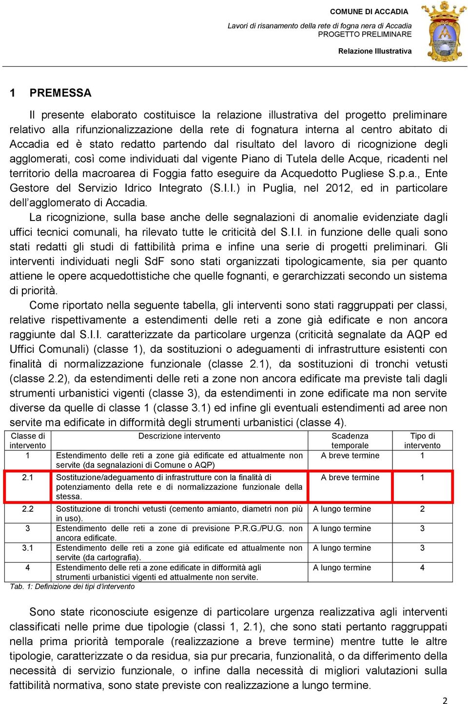 fatto eseguire da Acquedotto Pugliese S.p.a., Ente Gestore del Servizio Idrico Integrato (S.I.I.) in Puglia, nel 2012, ed in particolare dell agglomerato di Accadia.