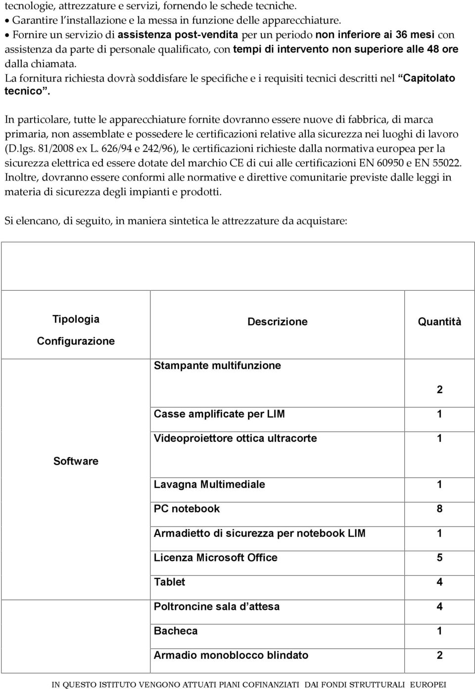 chiamata. La fornitura richiesta dovrà soddisfare le specifiche e i requisiti tecnici descritti nel Capitolato tecnico.