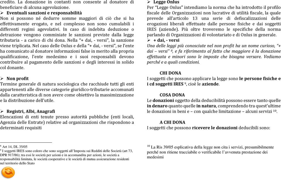 In caso di indebita deduzione o detrazione vengono comminiate le sanzioni previste dalla legge tributaria - a carico di chi dona. Nella + dai, - versi, la sanzione viene triplicata.