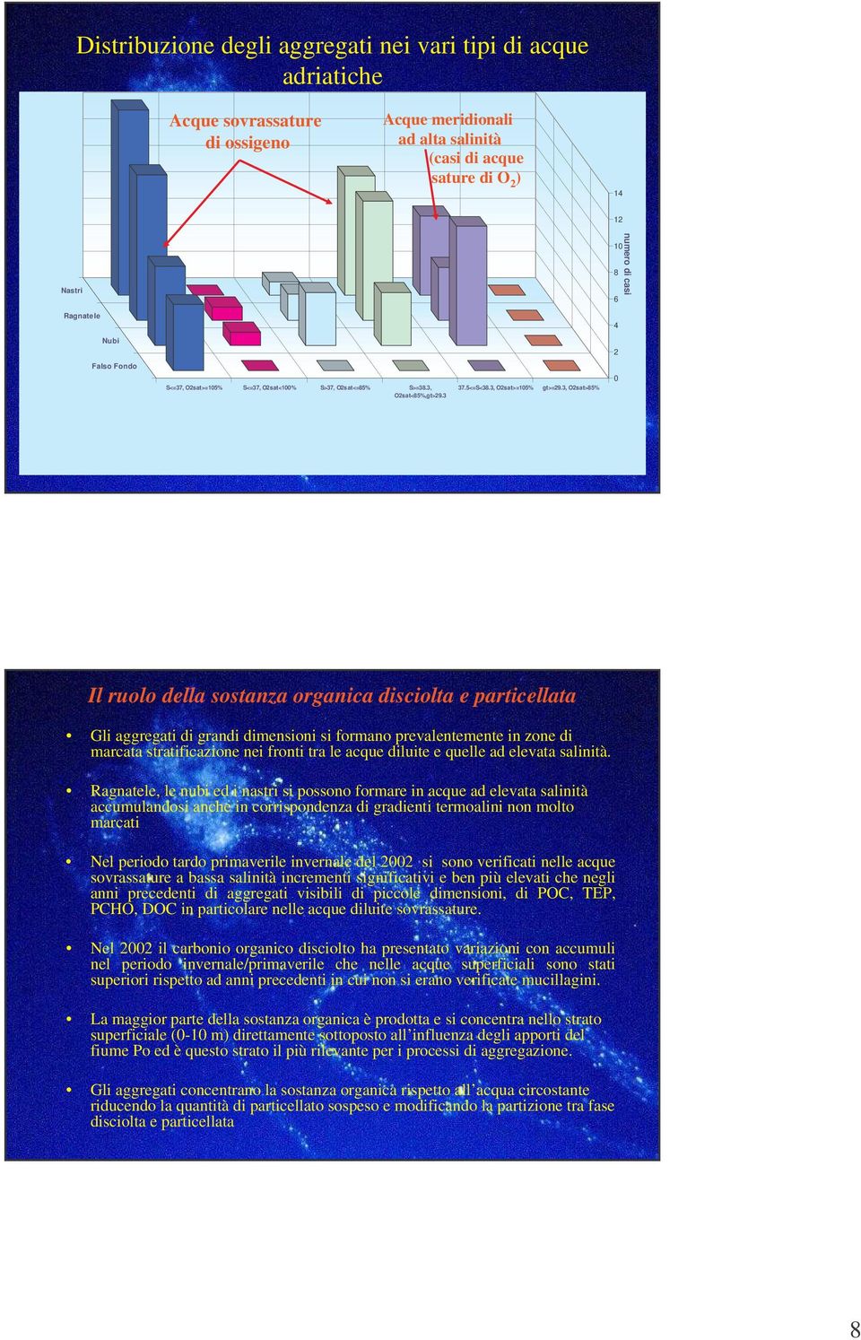 , Osat>85% Il ruolo della sostanza organica disciolta e particellata Gli aggregati di grandi dimensioni si formano prevalentemente in zone di marcata stratificazione nei fronti tra le acque diluite e