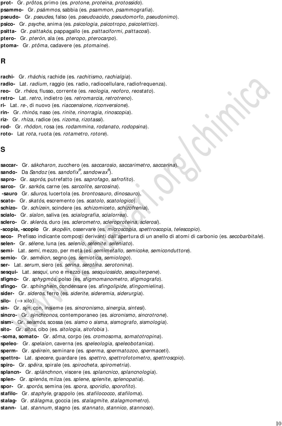 ptôma, cadavere (es. ptomaine). R rachi- Gr. rháchis, rachide (es. rachitismo, rachialgia). radio- Lat. radium, raggio (es. radio, radiocellulare, radiofrequenza). reo- Gr.