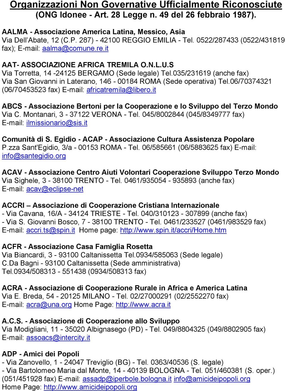 035/231619 (anche fax) Via San Giovanni in Laterano, 146-00184 ROMA (Sede operativa) Tel.06/70374321 (06/70453523 fax) E-mail: africatremila@libero.