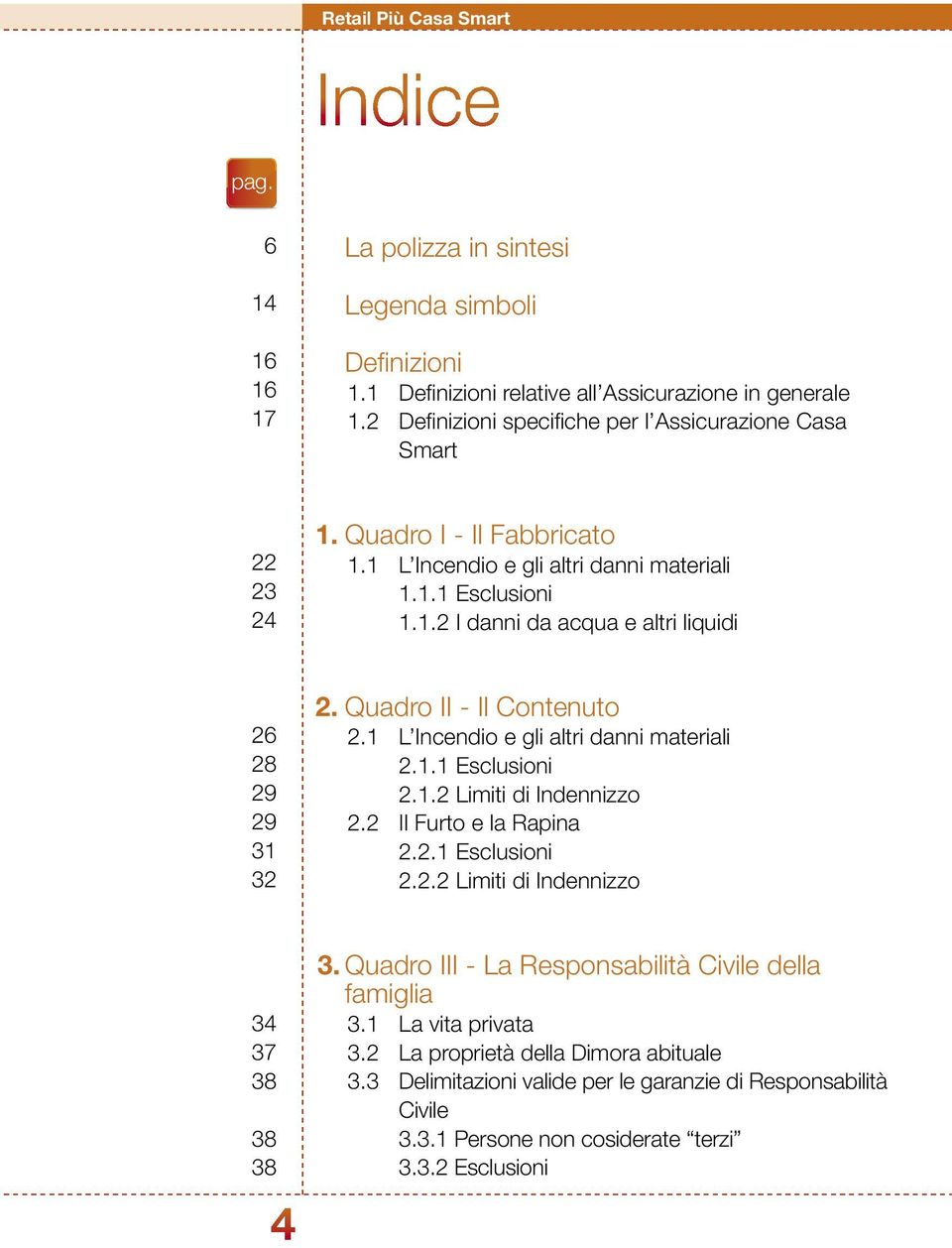 Quadro II - Il Contenuto 2.1 L Incendio e gli altri danni materiali 2.1.1 Esclusioni 2.1.2 Limiti di Indennizzo 2.2 Il Furto e la Rapina 2.2.1 Esclusioni 2.2.2 Limiti di Indennizzo 34 37 38 38 38 4 3.