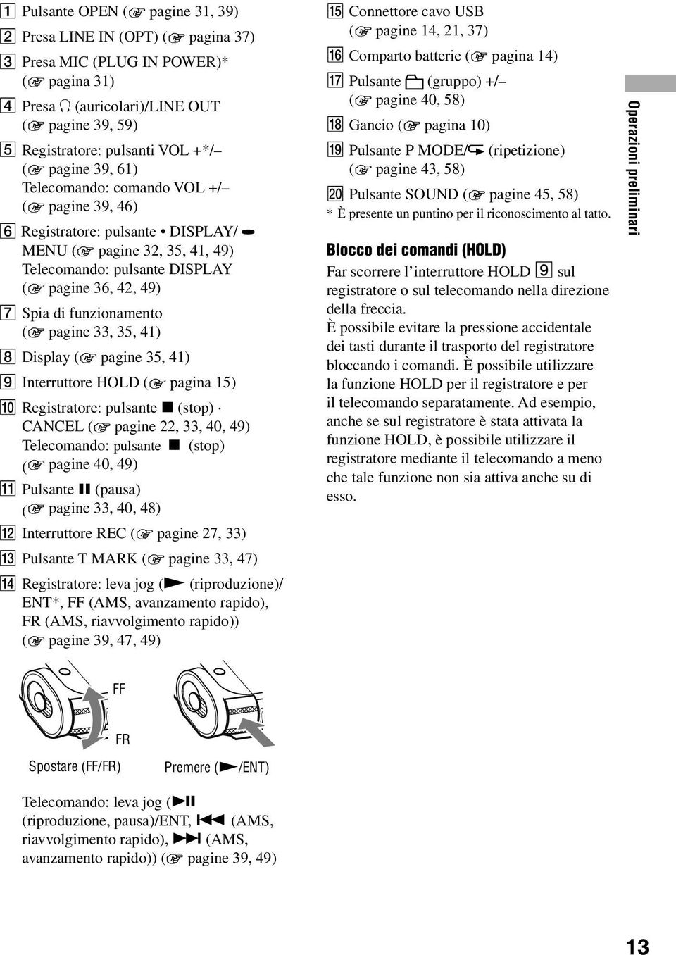 41) Display ( pagine 35, 41) Interruttore HOLD ( pagina 15) Registratore: pulsante (stop) CANCEL ( pagine 22, 33, 40, 49) Telecomando: pulsante (stop) ( pagine 40, 49) Pulsante (pausa) ( pagine 33,