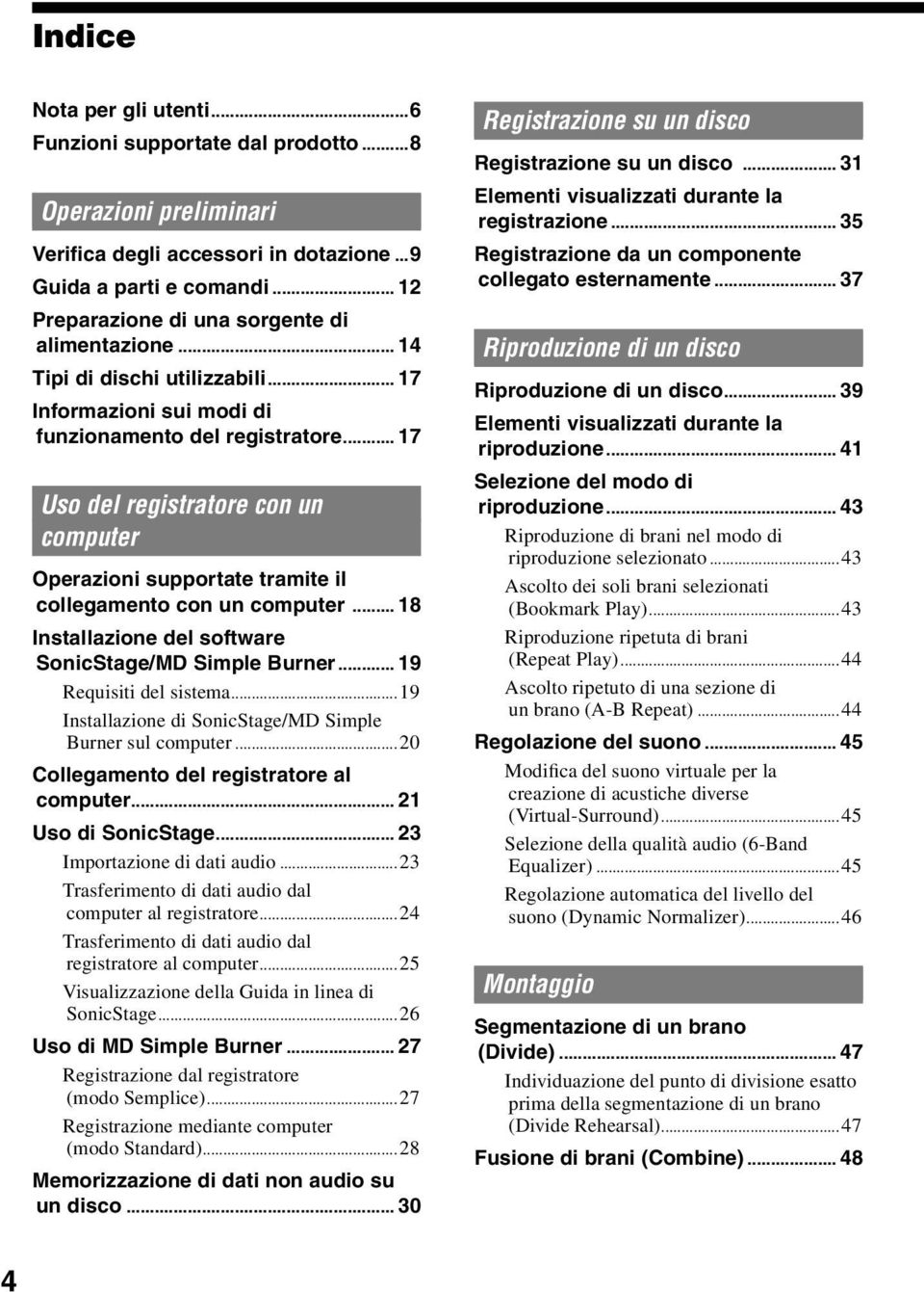 .. 17 Uso del registratore con un computer Operazioni supportate tramite il collegamento con un computer... 18 Installazione del software SonicStage/MD Simple Burner... 19 Requisiti del sistema.