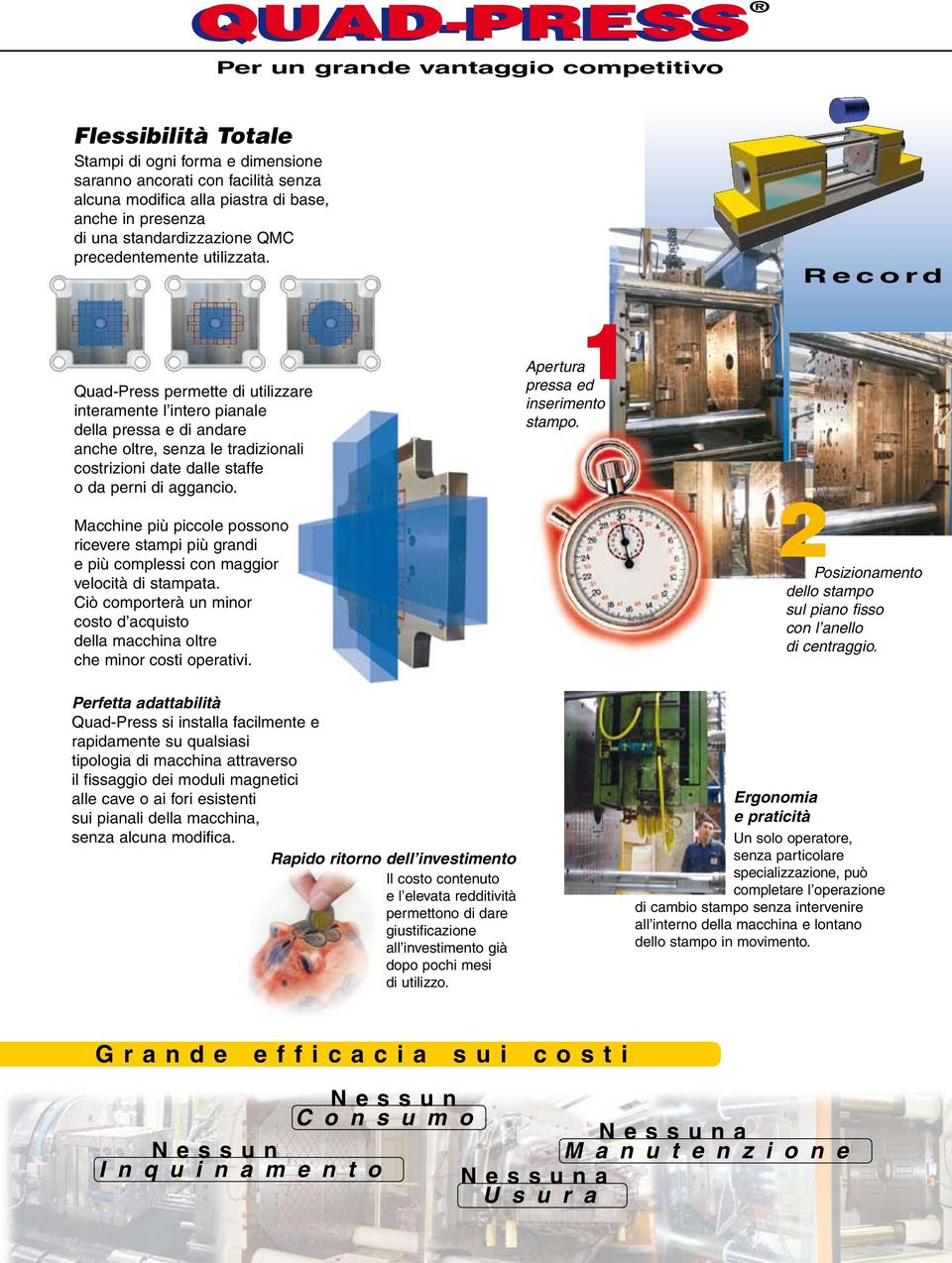 Record Quad-Press permette di utilizzare interamente l intero pianale della pressa e di andare anche oltre, senza le tradizionali costrizioni date dalle staffe o da perni di aggancio.