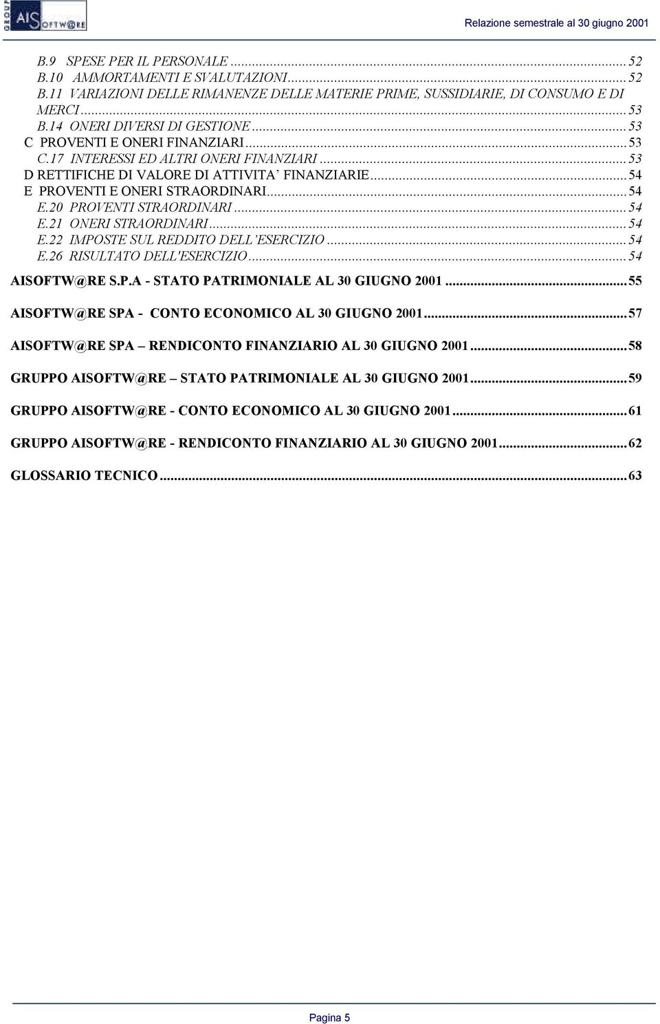 ..54 E.21 ONERI STRAORDINARI...54 E.22 IMPOSTE SUL REDDITO DELL ESERCIZIO...54 E.26 RISULTATO DELL'ESERCIZIO...54 AISOFTW@RE S.P.A - STATO PATRIMONIALE AL 30 GIUGNO 2001.