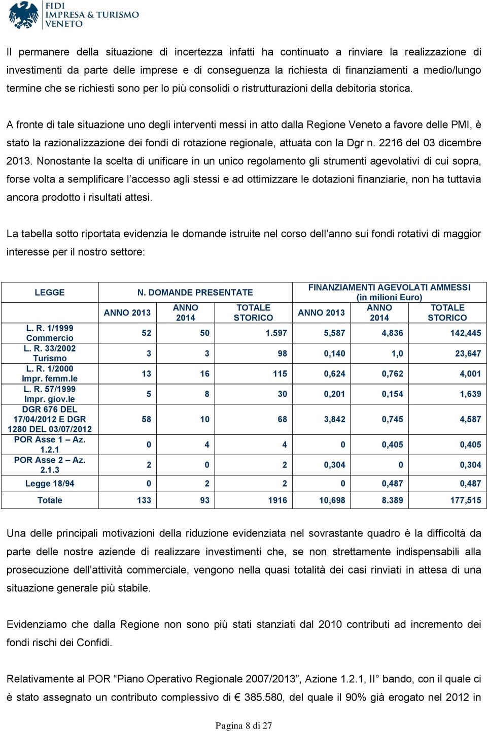 A fronte di tale situazione uno degli interventi messi in atto dalla Regione Veneto a favore delle PMI, è stato la razionalizzazione dei fondi di rotazione regionale, attuata con la Dgr n.