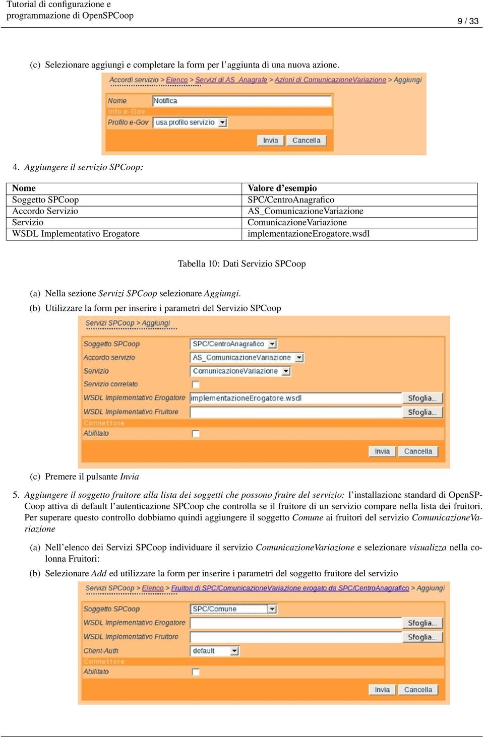 wsdl Tabella 10: Dati Servizio SPCoop (a) Nella sezione Servizi SPCoop selezionare Aggiungi. (b) Utilizzare la form per inserire i parametri del Servizio SPCoop (c) Premere il pulsante Invia 5.