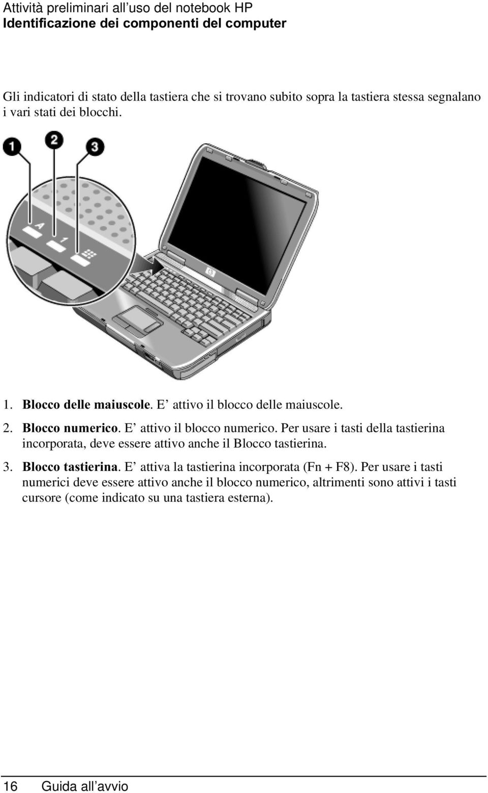 Per usare i tasti della tastierina incorporata, deve essere attivo anche il Blocco tastierina. 3. %ORFFRWDVWLHULQD. E attiva la tastierina incorporata (Fn + F8).