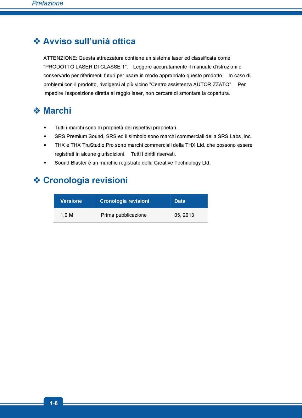 In caso di problemi con il prodotto, rivolgersi al più vicino "Centro assistenza AUTORIZZATO". Per impedire l'esposizione diretta al raggio laser, non cercare di smontare la copertura.