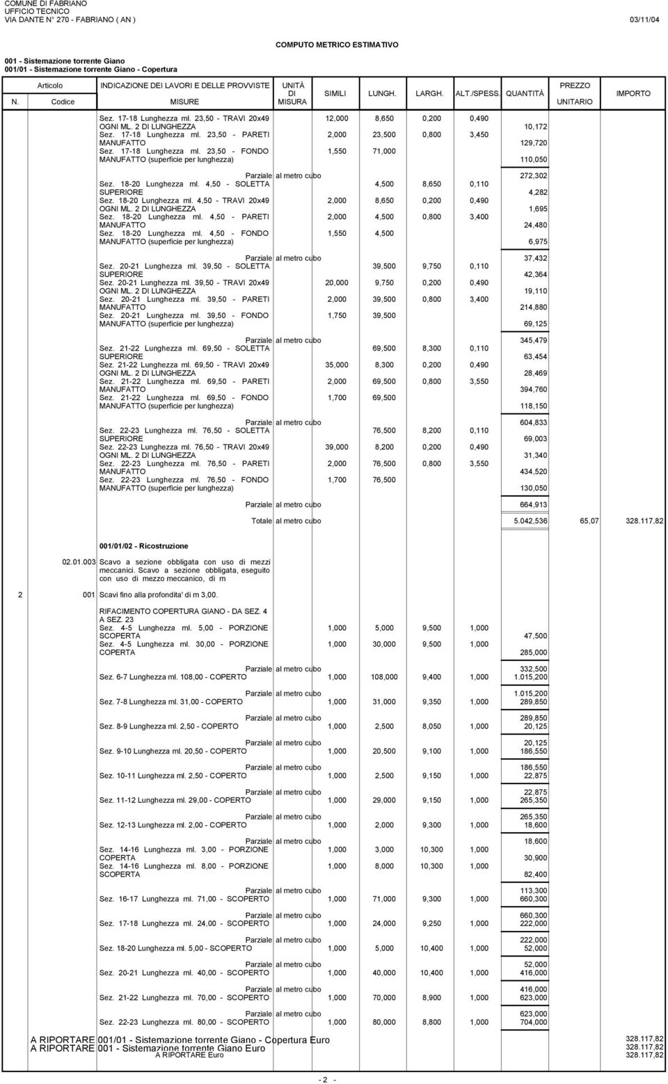 2 DI LUNGHEZZA,695 Sez. 8-20 Lunghezza ml. 4,50 - PARETI 2,000 4,500 0,800 3,400 MANUFATTO 24,480 Sez. 8-20 Lunghezza ml. 4,50 - FONDO,550 4,500 MANUFATTO (superficie per lunghezza) 6,975 37,432 Sez.