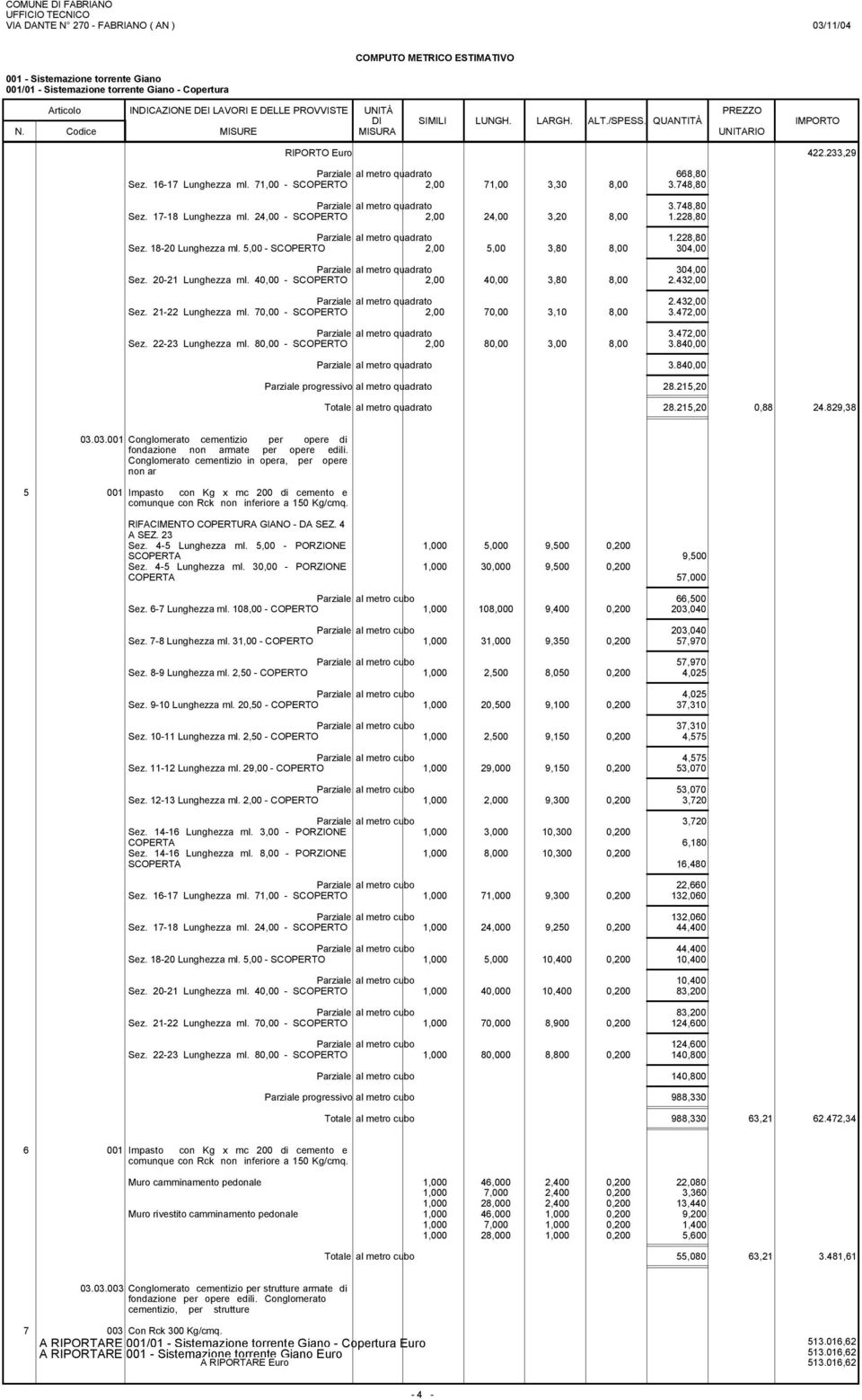 40,00 - SCOPERTO 2,00 40,00 3,80 8,00 2.432,00 2.432,00 Sez. 2-22 Lunghezza ml. 70,00 - SCOPERTO 2,00 70,00 3,0 8,00 3.472,00 3.472,00 Sez. 22-23 Lunghezza ml. 80,00 - SCOPERTO 2,00 80,00 3,00 8,00 3.