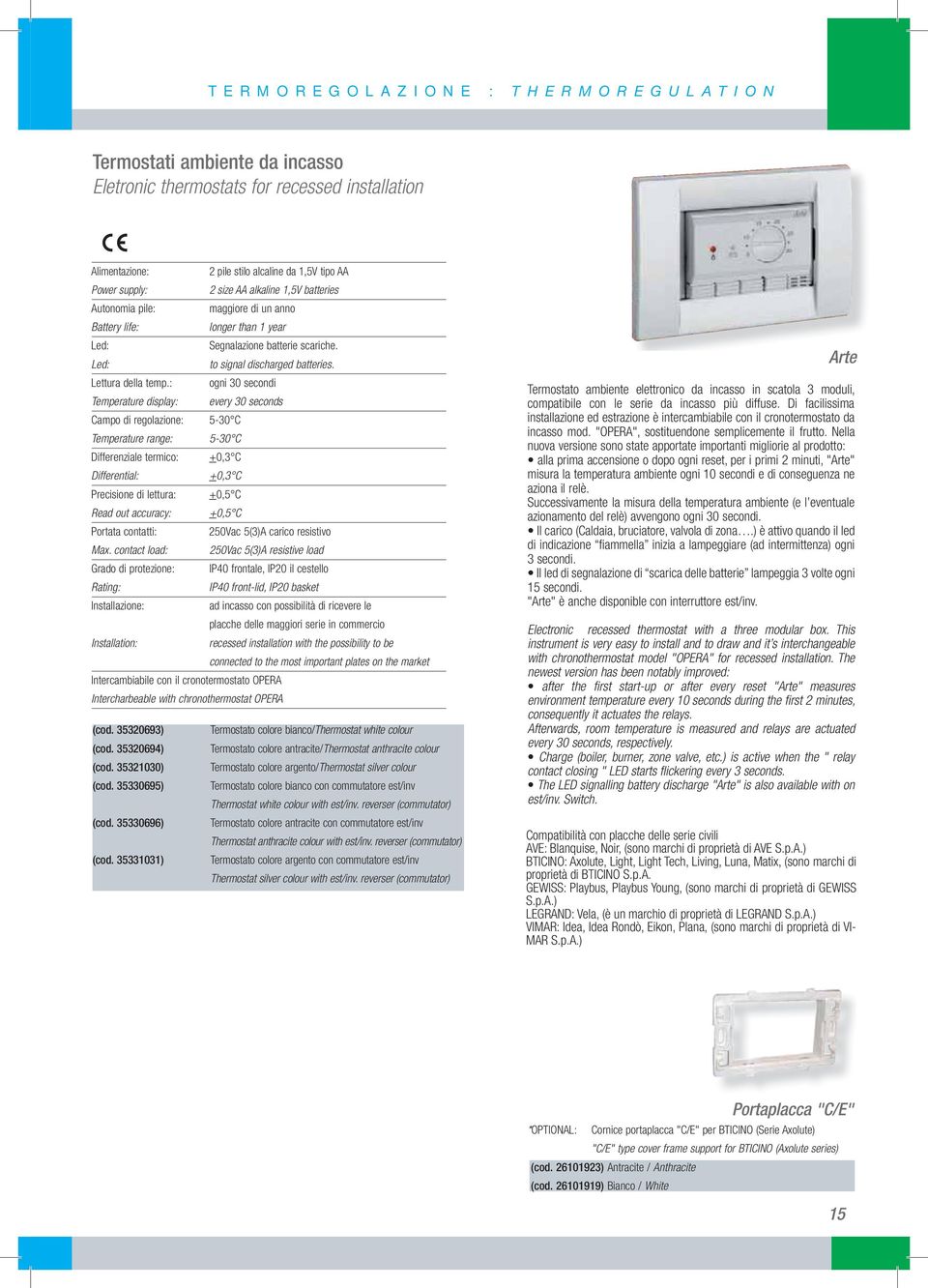 : ogni 30 secondi Temperature display: every 30 seconds Temperature range: 5-30 C Differenziale termico: + Differential: +0,3 C Precisione di lettura: + Read out accuracy: +0,5 C Max.