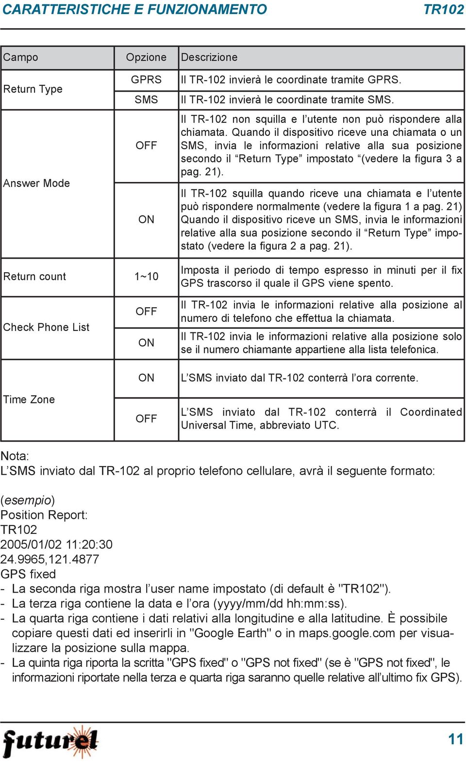 Quando il dispositivo riceve una chiamata o un SMS, invia le informazioni relative alla sua posizione secondo il Return Type impostato (vedere la figura 3 a pag. 21).