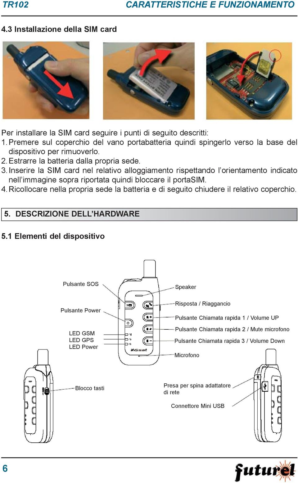 Inserire la SIM card nel relativo alloggiamento rispettando l orientamento indicato nell immagine sopra riportata quindi bloccare il portasim. 4.