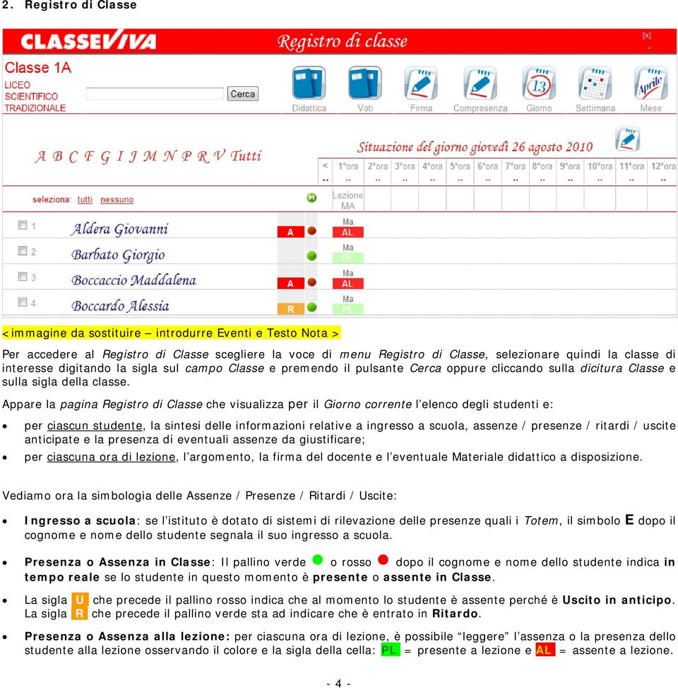 Appare la pagina Registro di Classe che visualizza per il Giorno corrente l elenco degli studenti e: per ciascun studente, la sintesi delle informazioni relative a ingresso a scuola, assenze /