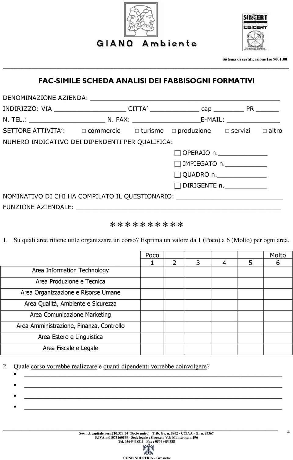 NOMINATIVO DI CHI HA COMPILATO IL QUESTIONARIO: FUNZIONE AZIENDALE: 1. Su quali aree ritiene utile organizzare un corso? Esprima un valore da 1 (Poco) a 6 (Molto) per ogni area.