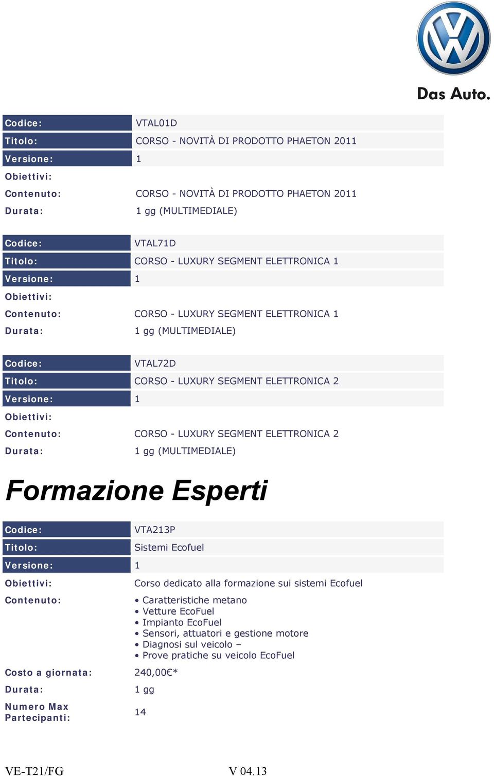 ELETTRONICA 2 1 gg (MULTIMEDIALE) Formazione Esperti VTA213P Sistemi Ecofuel Corso dedicato alla formazione sui sistemi Ecofuel