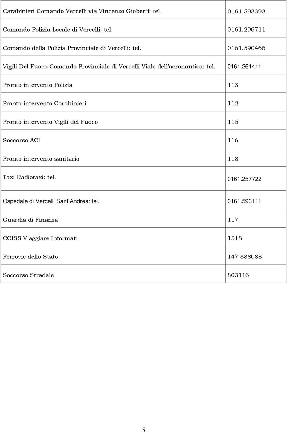 261411 Pronto intervento Polizia 113 Pronto intervento Carabinieri 112 Pronto intervento Vigili del Fuoco 115 Soccorso ACI 116 Pronto intervento sanitario