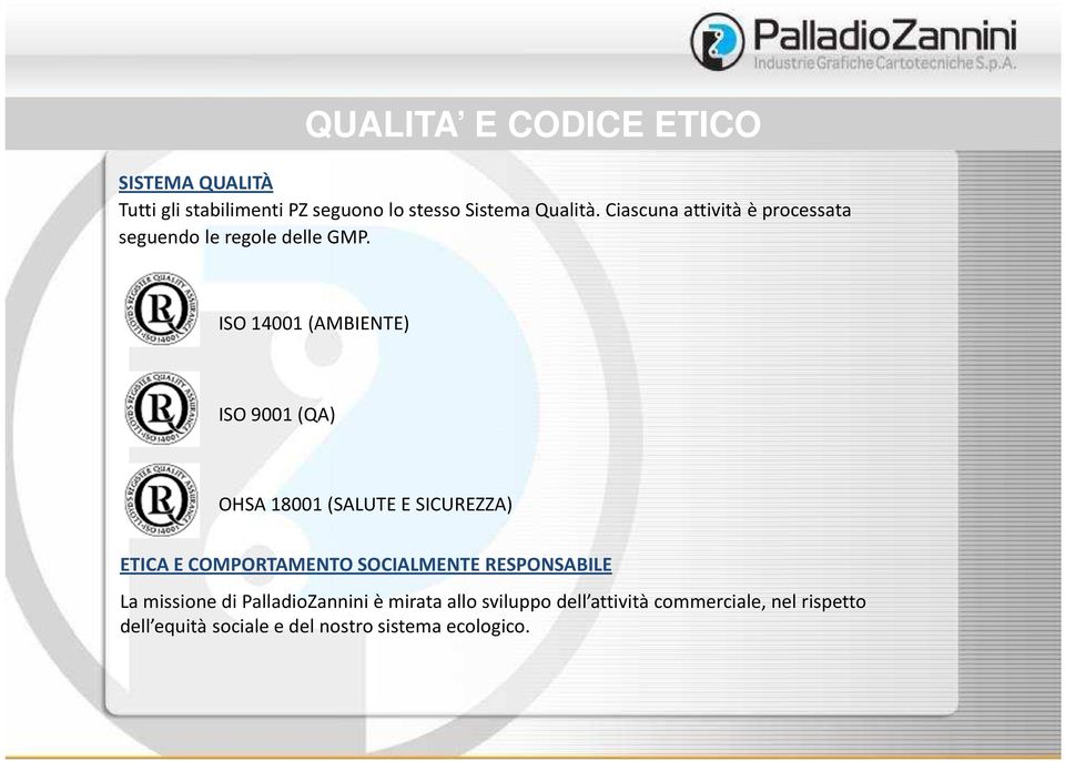 ISO 14001 (AMBIENTE) ISO 9001 (QA) OHSA 18001 (SALUTE E SICUREZZA) ETICA E COMPORTAMENTO SOCIALMENTE