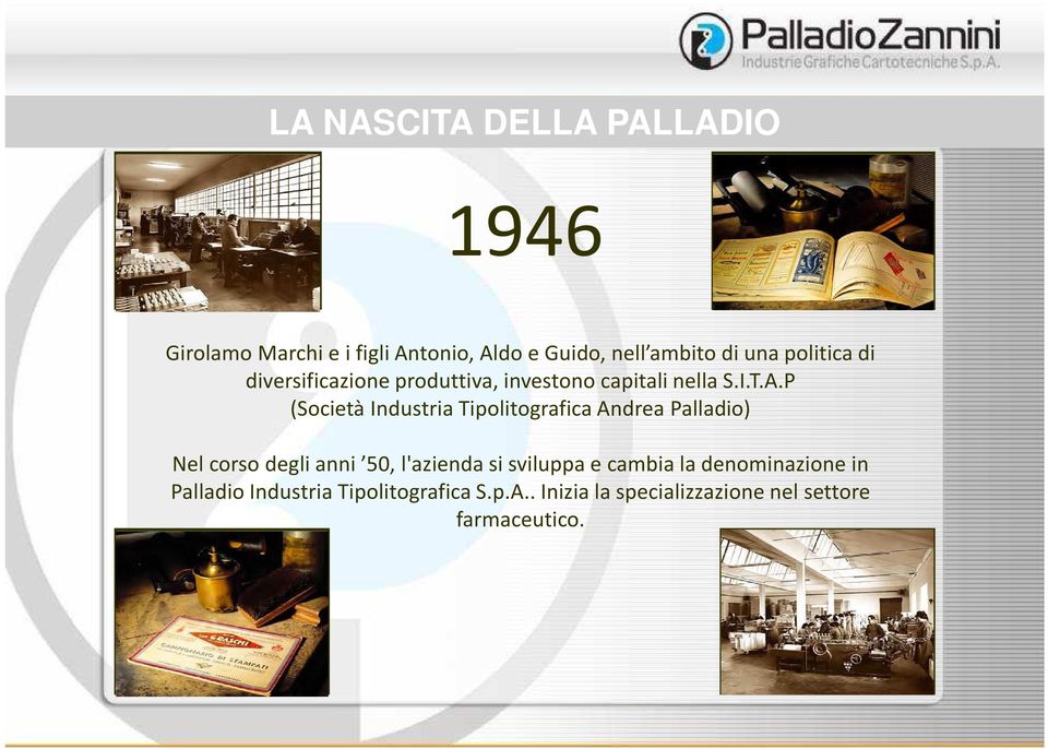 P (Società Industria Tipolitografica Andrea Palladio) Nel corso degli anni 50, l'azienda si