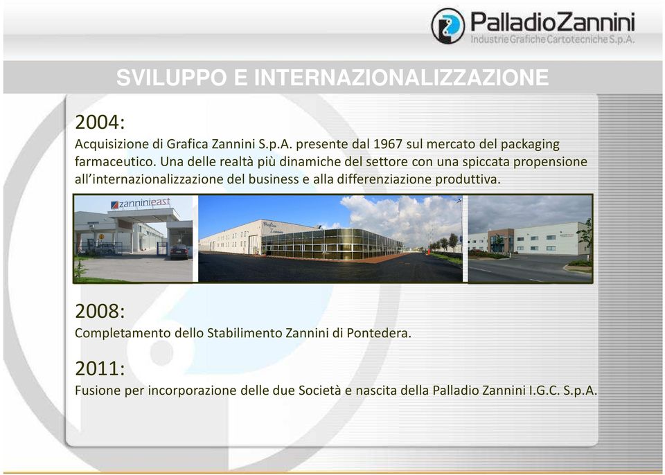 business e alla differenziazione produttiva. 2008: Completamento dello Stabilimento Zannini di Pontedera.