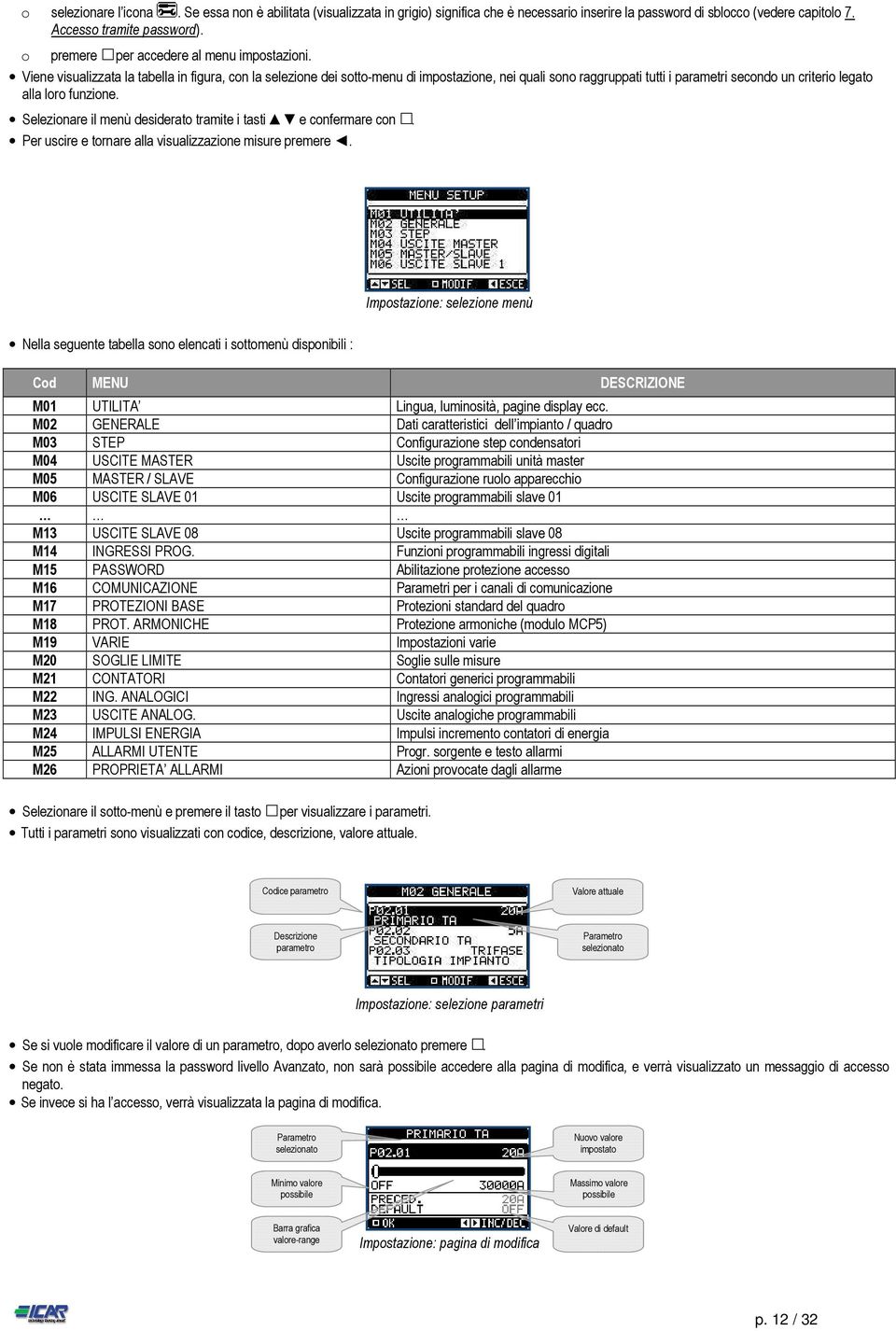 Viene visualizzata la tabella in figura, con la selezione dei sotto-menu di impostazione, nei quali sono raggruppati tutti i parametri secondo un criterio legato alla loro funzione.