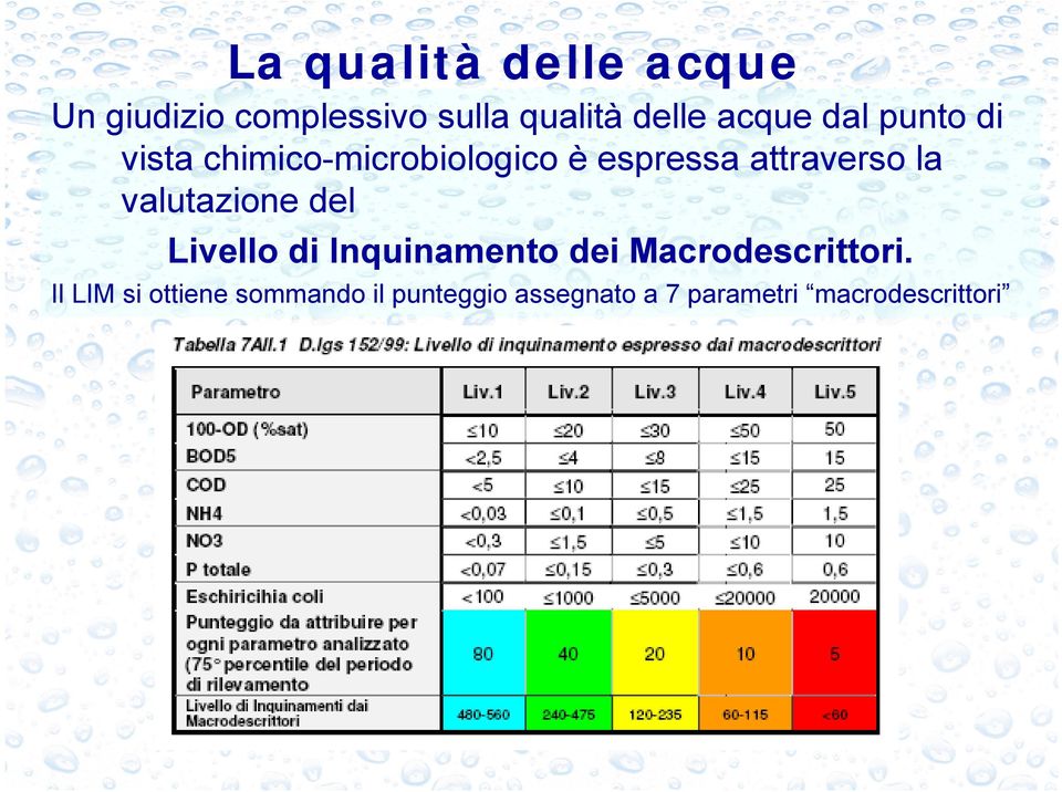 la valutazione del Livello di nquinamento dei Macrodescrittori.