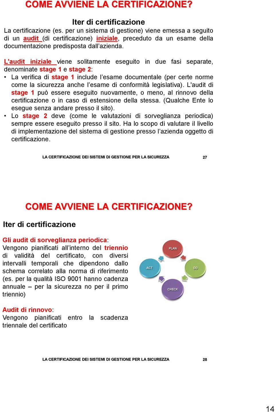 L'audit iniziale viene solitamente eseguito in due fasi separate, denominate stage 1 e stage 2: La verifica di stage 1 include l esame documentale (per certe norme come la sicurezza anche l esame di