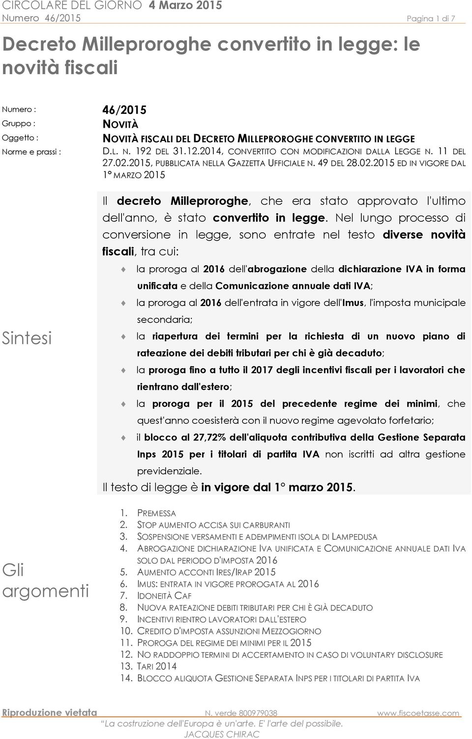 2015, PUBBLICATA NELLA GAZZETTA UFFICIALE N. 49 DEL 28.02.