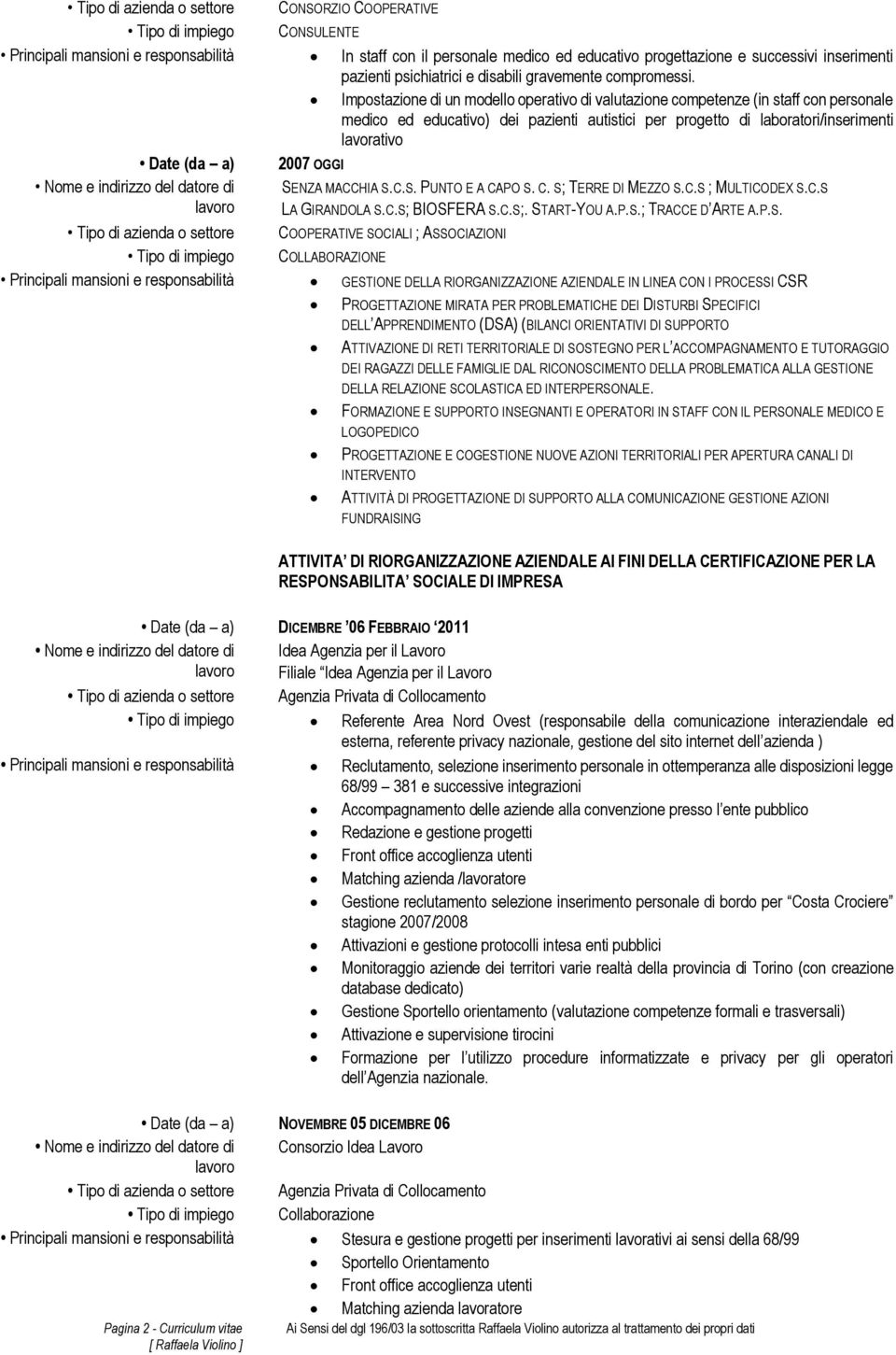 Impostazione di un modello operativo di valutazione competenze (in staff con personale medico ed educativo) dei pazienti autistici per progetto di laboratori/inserimenti lavorativo Date (da a) 2007