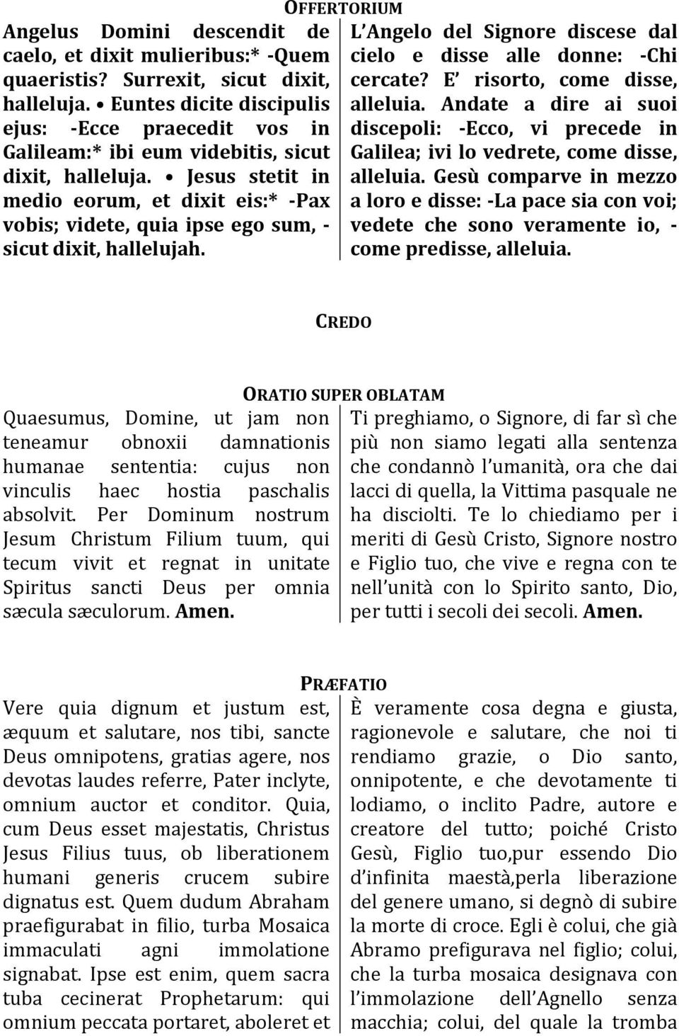 Jesus stetit in medio eorum, et dixit eis:* -Pax vobis; videte, quia ipse ego sum, - sicut dixit, hallelujah. OFFERTORIUM L Angelo del Signore discese dal cielo e disse alle donne: -Chi cercate?