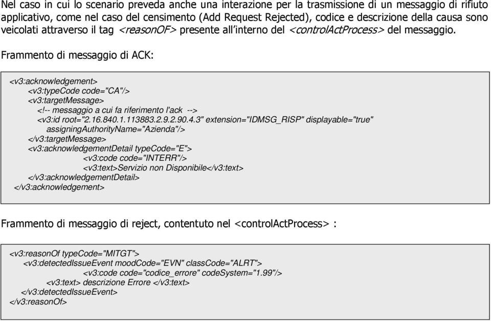 Frammento di messaggio di ACK: <v3:acknowledgement> <v3:typecode code="ca"/> <v3:targetmessage> <!-- messaggio a cui fa riferimento l'ack --> <v3:id root="2.16.840