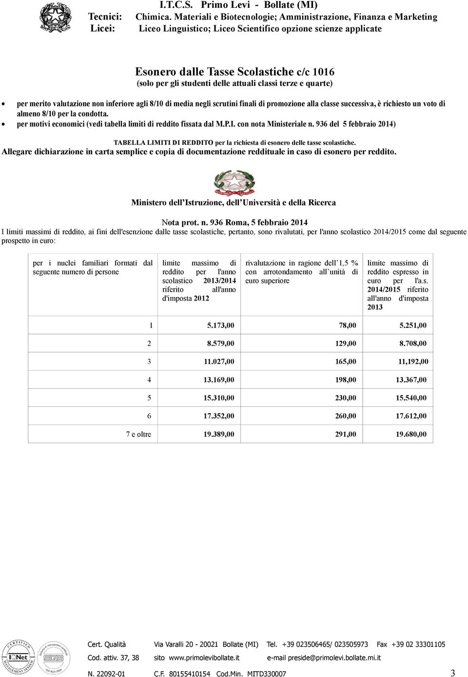 936 del 5 febbraio 2014) TABELLA LIMITI DI REDDITO per la richiesta di esonero delle tasse scolastiche.